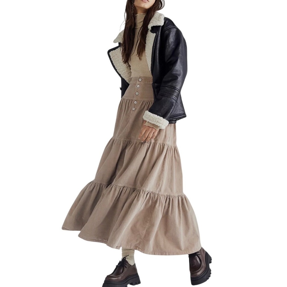 We The Free Dreamweaver Tan Corduroy Tiered Boho Western Maxi Skirt Size M